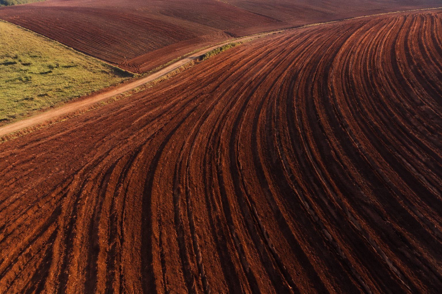 Terra vermelha arada em curvas de nível, vista de cima